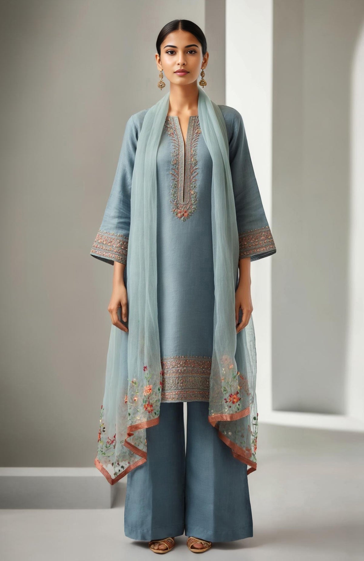 Powdered indigo straight kurta with embroidery, wide-leg trousers, and sheer organza dupatta.