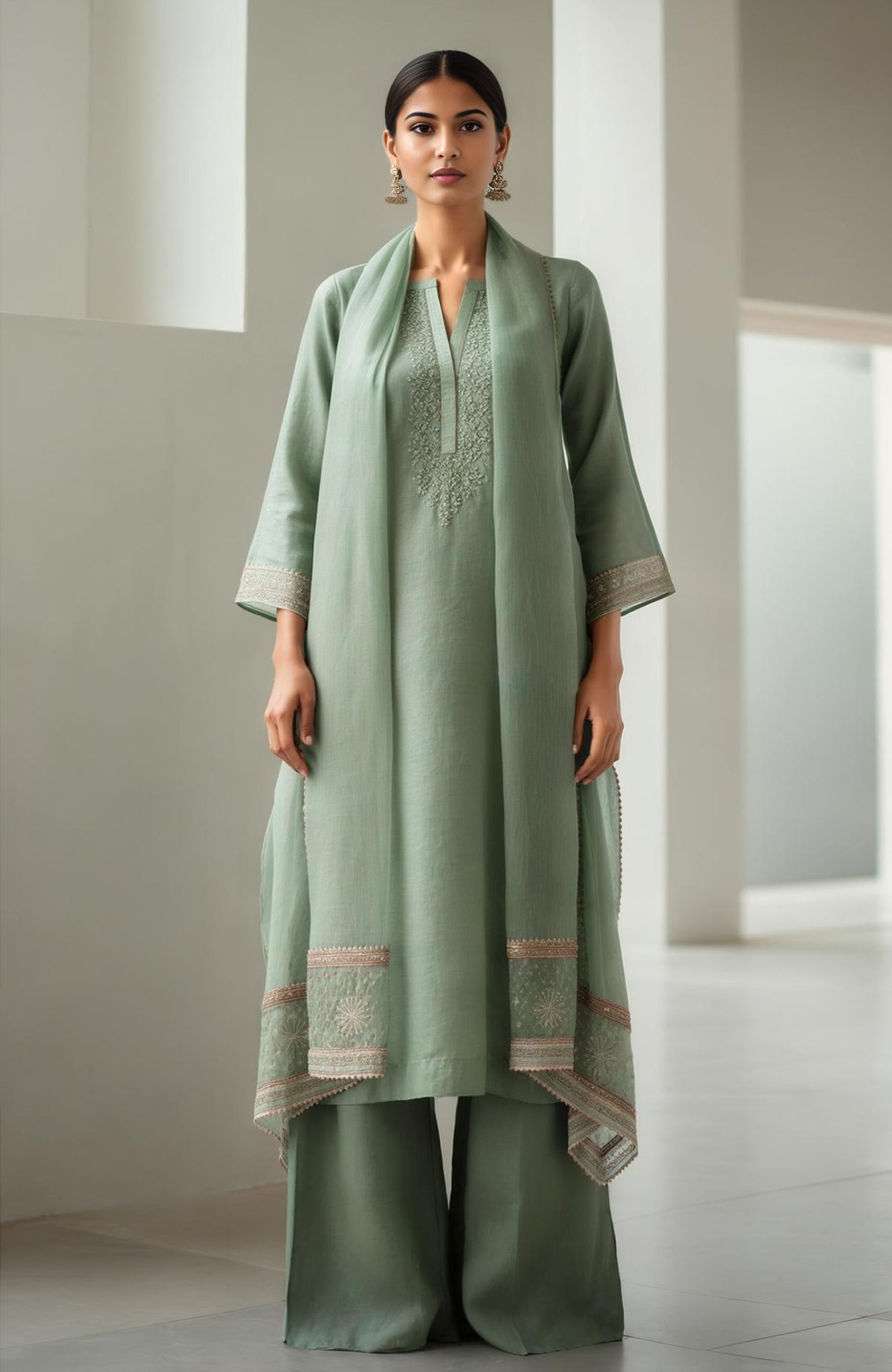 Eucalyptus green straight kurta with embroidery, wide-leg trousers, and sheer organza dupatta.