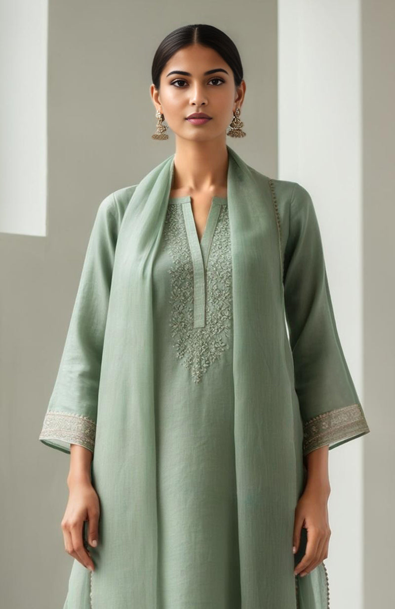 Eucalyptus green straight kurta with embroidery, wide-leg trousers, and sheer organza dupatta.