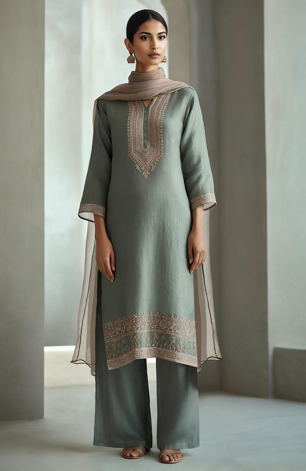 Eucalyptus green straight kurta with embroidery, wide-leg trousers, and sheer organza dupatta.