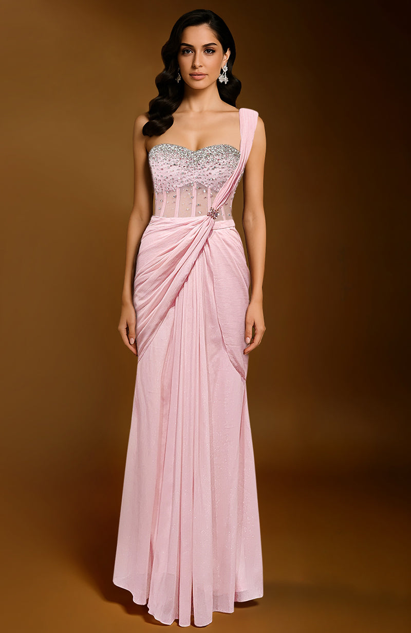 Pink saree with crystal-draped corset blouse and one-shoulder drape with brooch detail