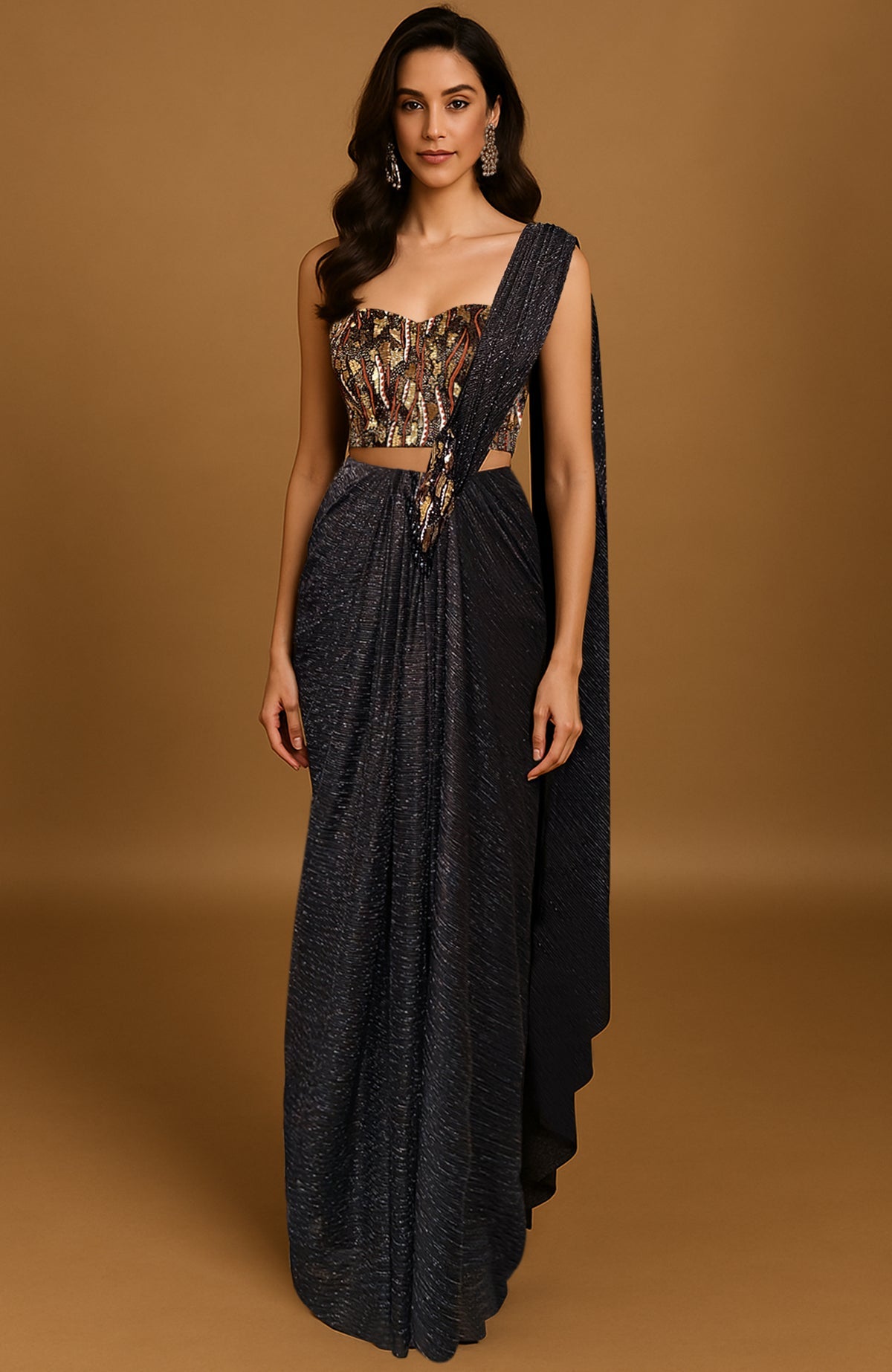 Black shimmer pre-draped saree with embellished corset featuring black crystals and gold beadwork.