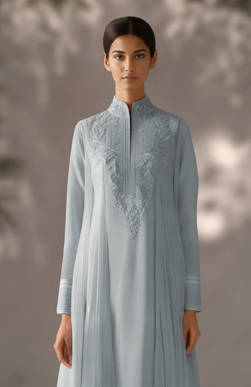 Powder blue embroidered kurta with pleated drape detail and matching straight trousers with gold cuffs