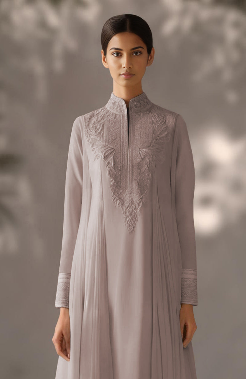 Taupe embroidered long kurta with pleated drape detail and matching straight trousers with gold accents