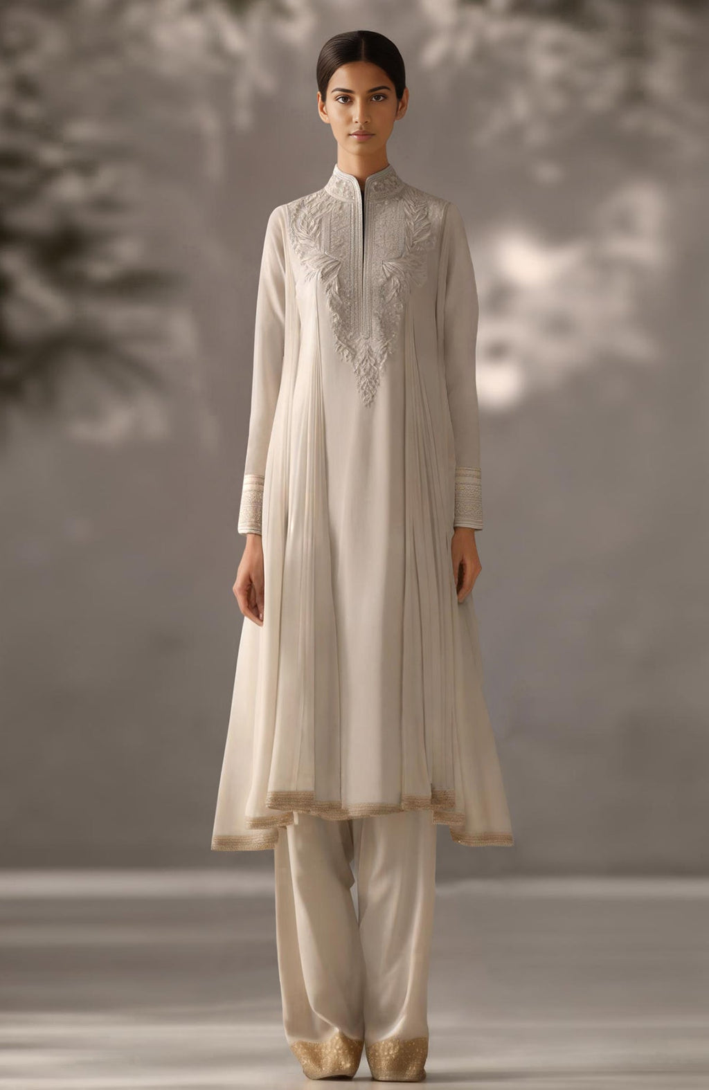 Soft ivory kurta set with floral embroidery, pleated drape design, and gold-embellished trousers.