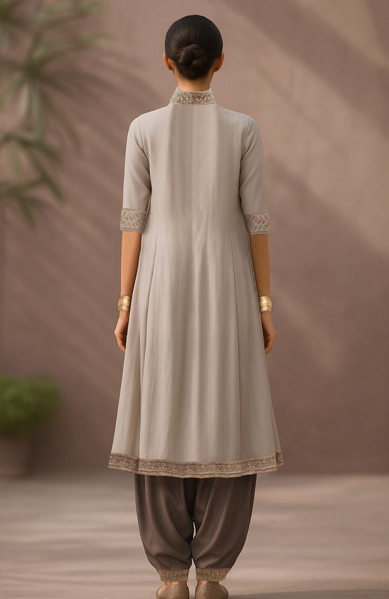 Taupe A-line embroidered kurta with attached drape and deep mocha salwar with tapered ankle.