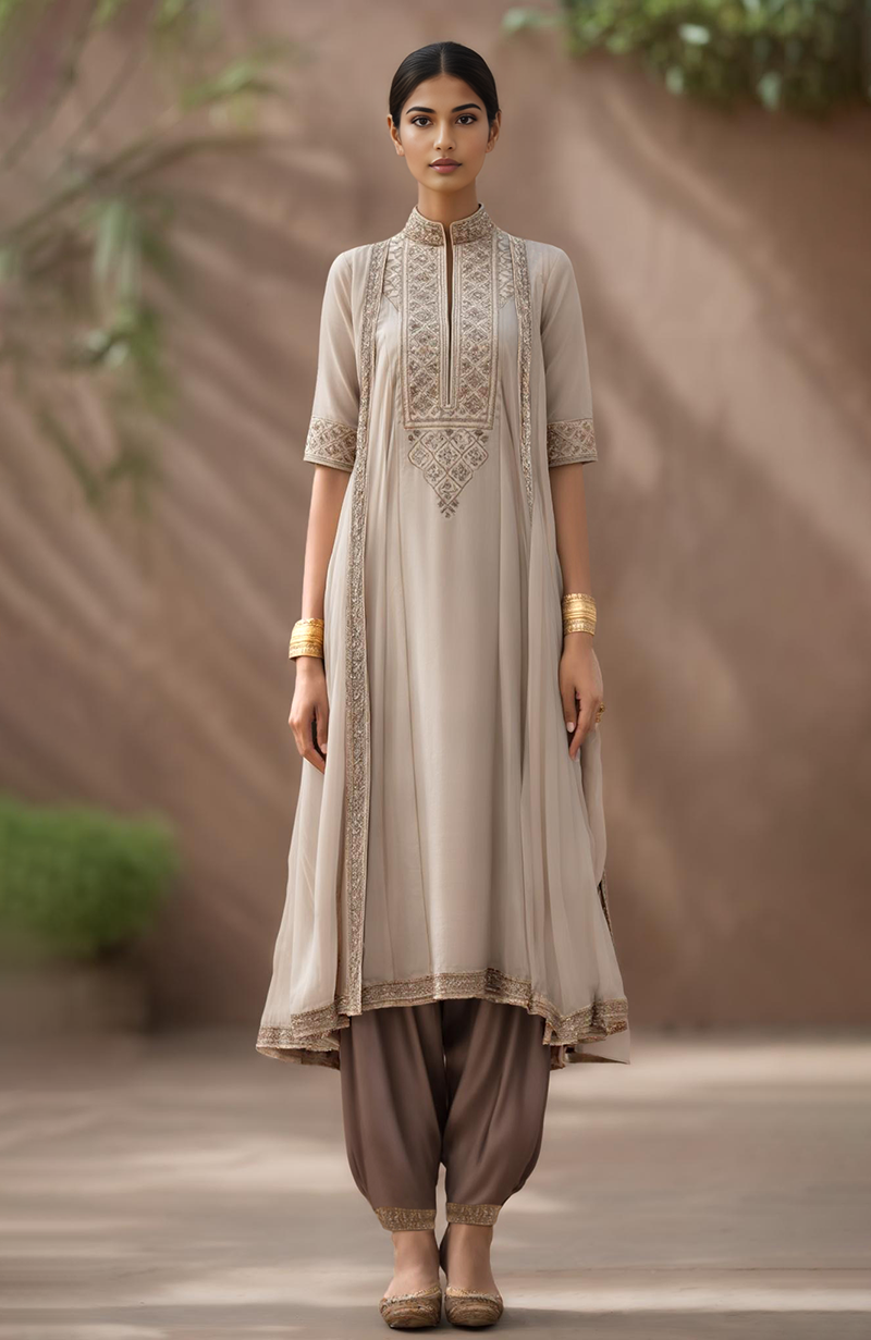 Taupe A-line embroidered kurta with attached side drapes paired with deep mocha salwar.
