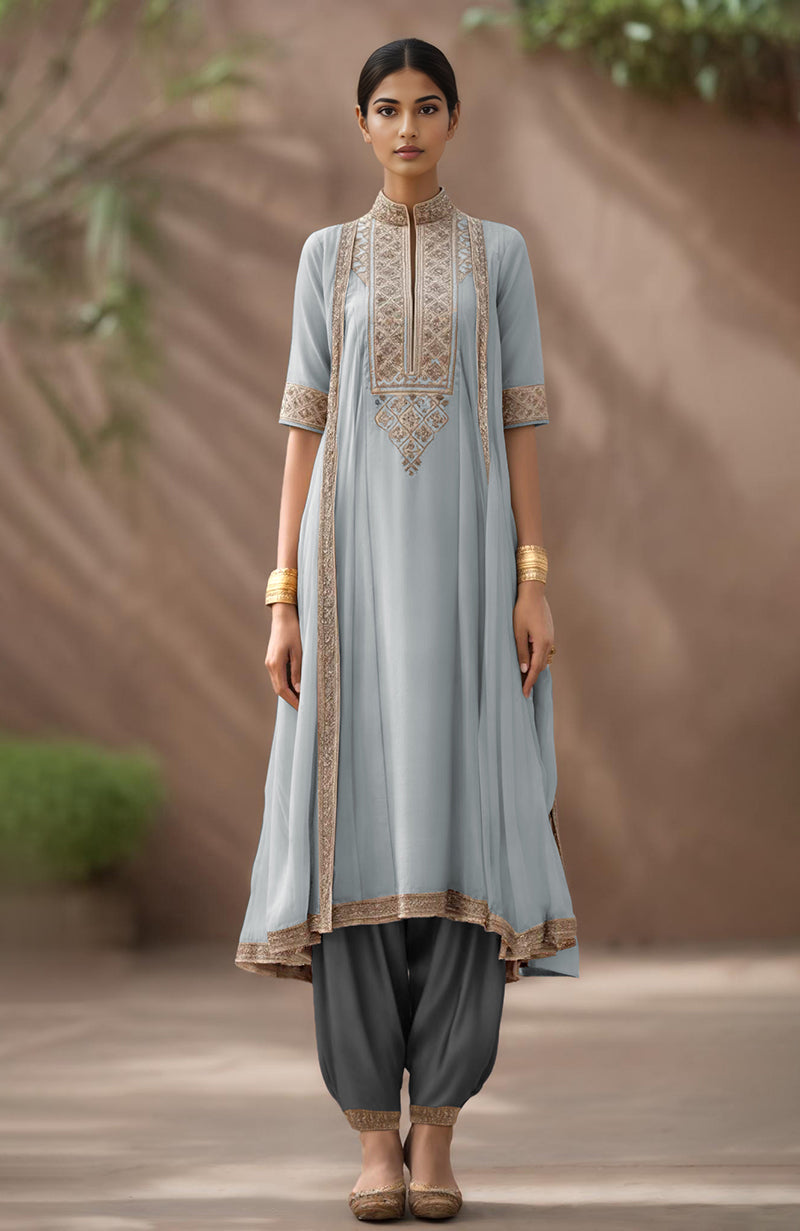 Taupe A-line embroidered kurta with attached drapes paired with deep mocha salwar.