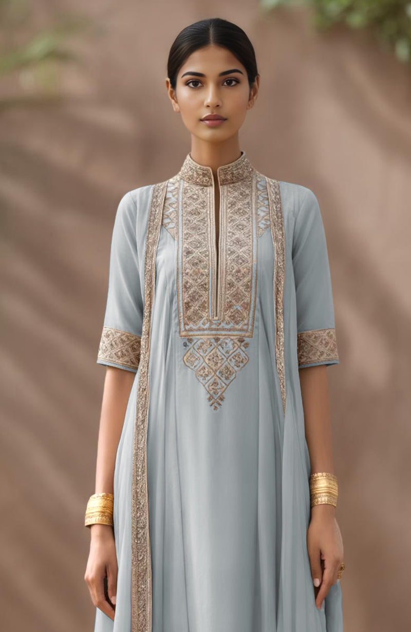Pearl blue embroidered A-line kurta with attached drape and charcoal tapered salwar set