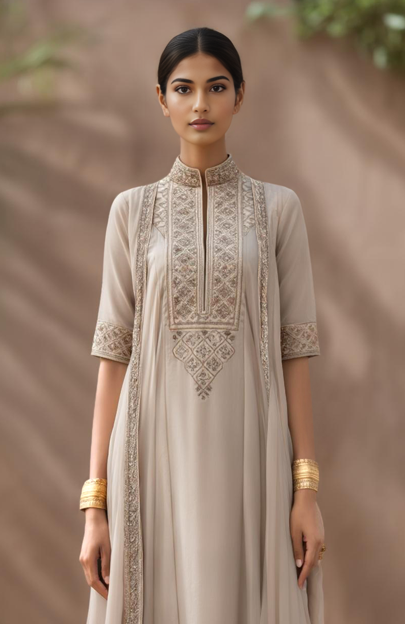 Taupe A-line embroidered kurta with attached side drapes paired with deep mocha salwar.