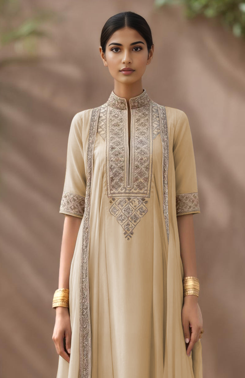 Pale gold A-line kurta with burnished olive salwar and attached embroidered side drapes.
