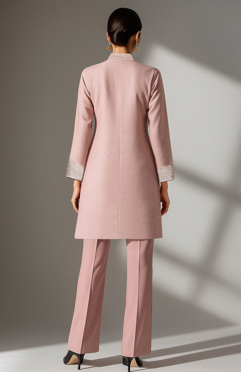 Blush pink straight kurta with ivory Chikankari embroidery paired with flared palazzo pants