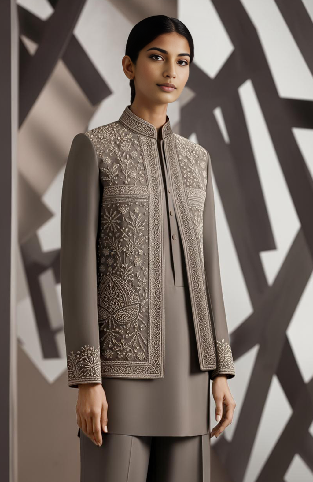 Ash mocha satin-silk jacket set with embroidered thread and bead floral motifs and matching trousers