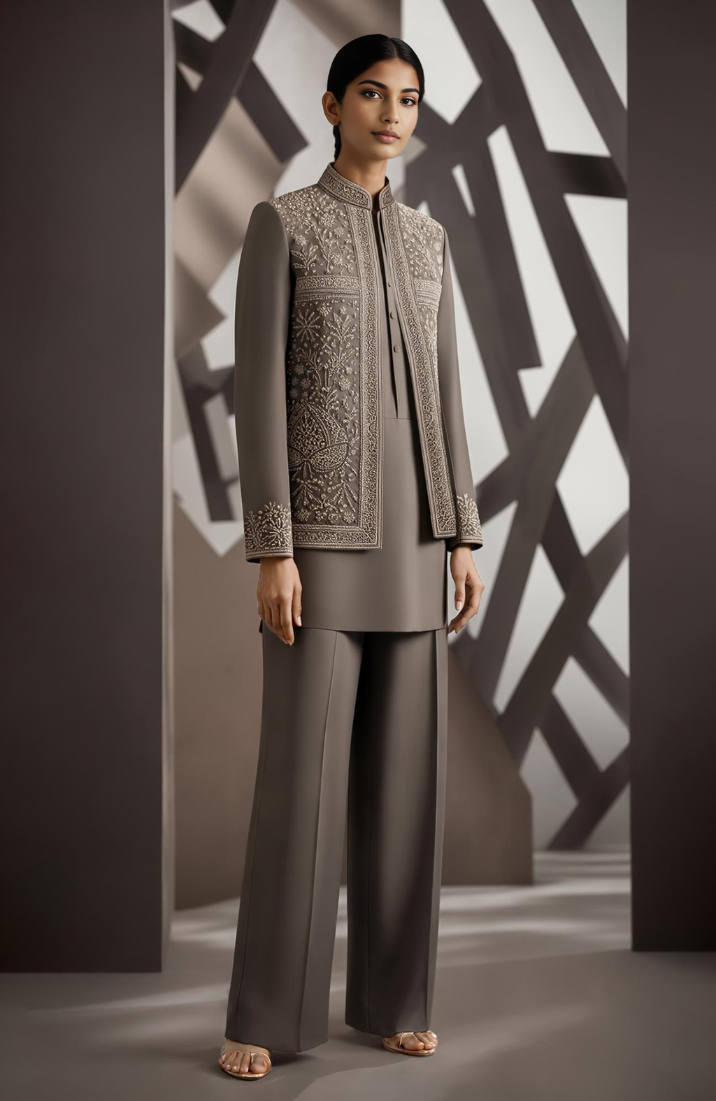 Ash mocha satin-silk jacket set with embroidered floral motifs, beadwork, kurta, and wide-leg trousers.