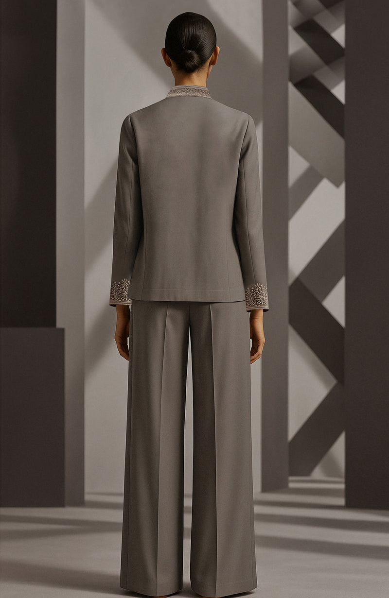 Ash mocha satin-silk jacket set with embroidered thread and bead floral motifs and wide-leg trousers