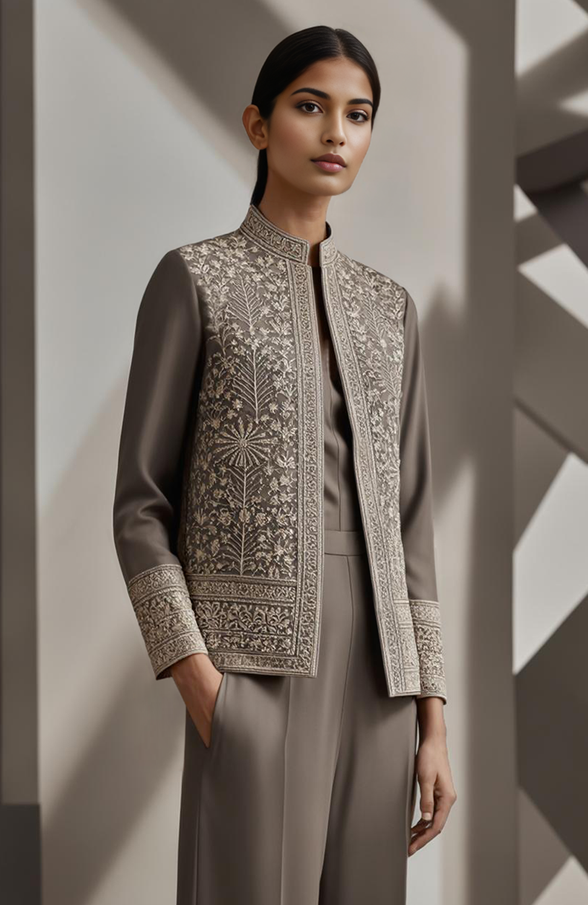 Greige three-piece jacket set with floral and jaali embroidery, bead embellishments, blouse, and pants.