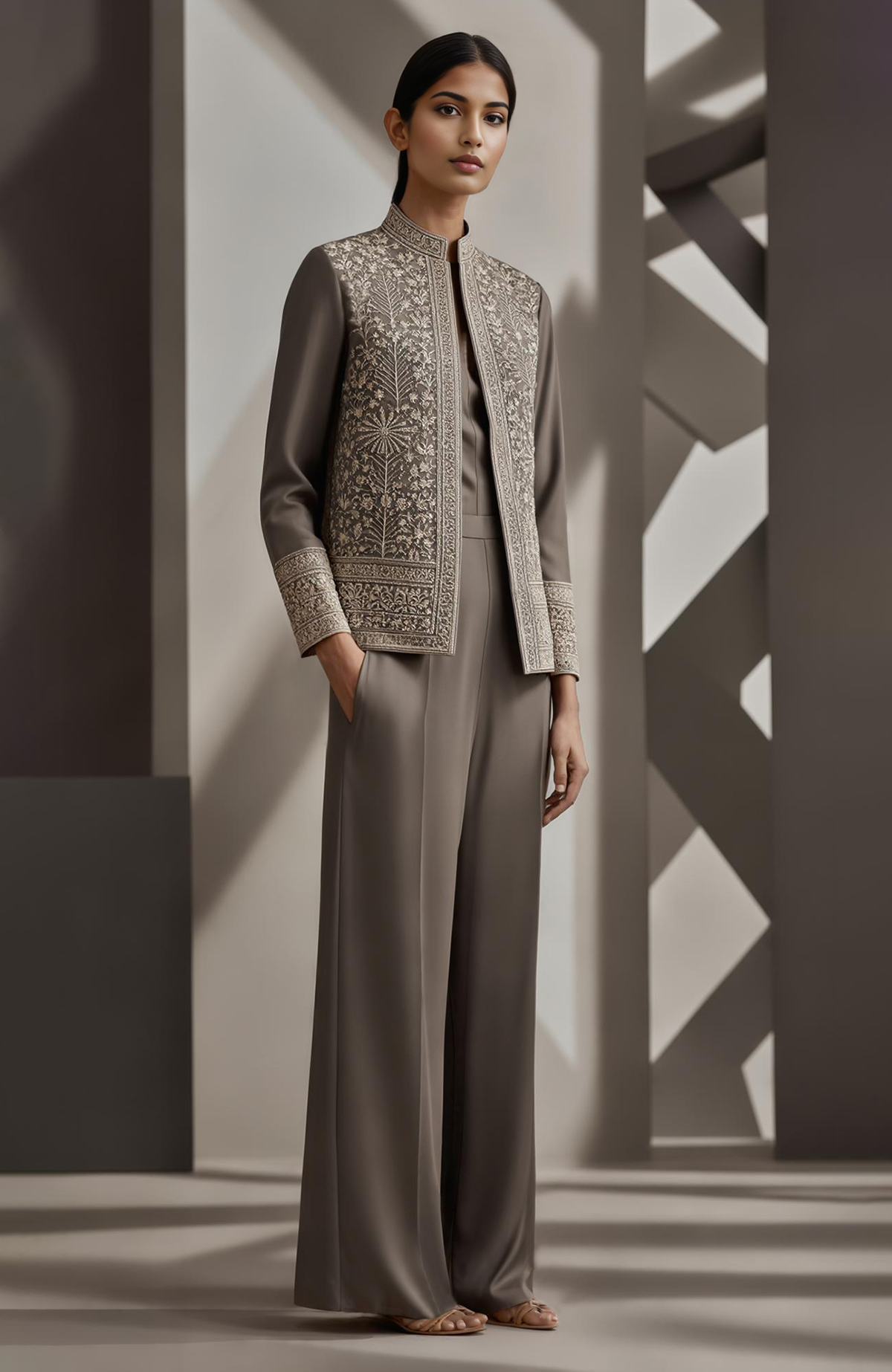 Greige three-piece jacket set with floral and jaali embroidery, bead embellishments, and wide-leg pants