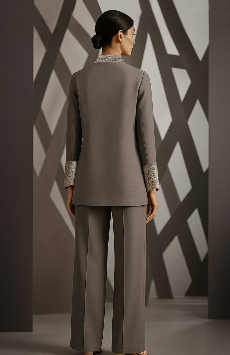 Greige three-piece jacket set with floral and jaali embroidery, bead embellishments, blouse, and pants