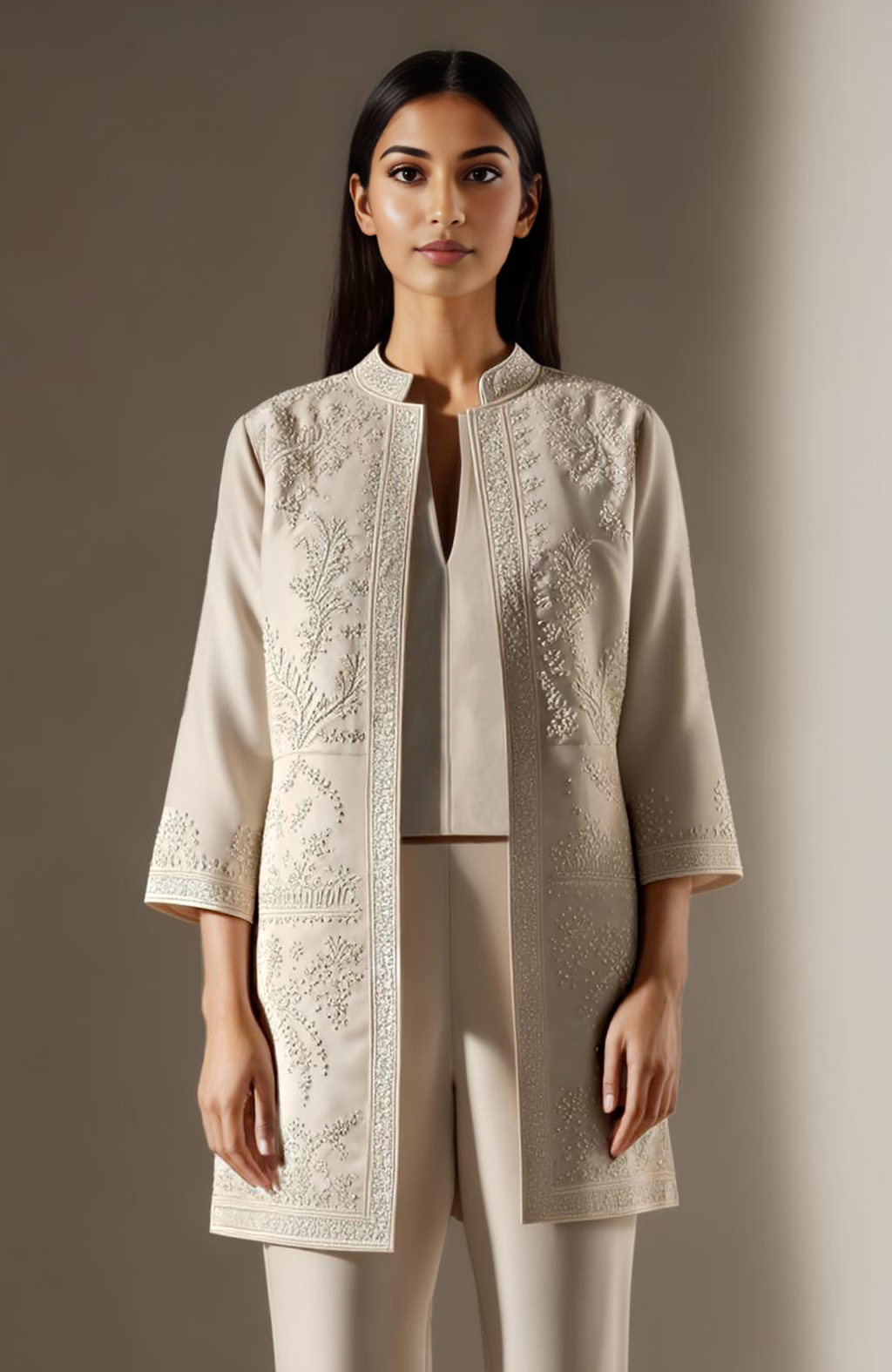 Ivory long jacket set with Chikankari-inspired floral embroidery, sleeveless blouse, and wide-leg trousers.
