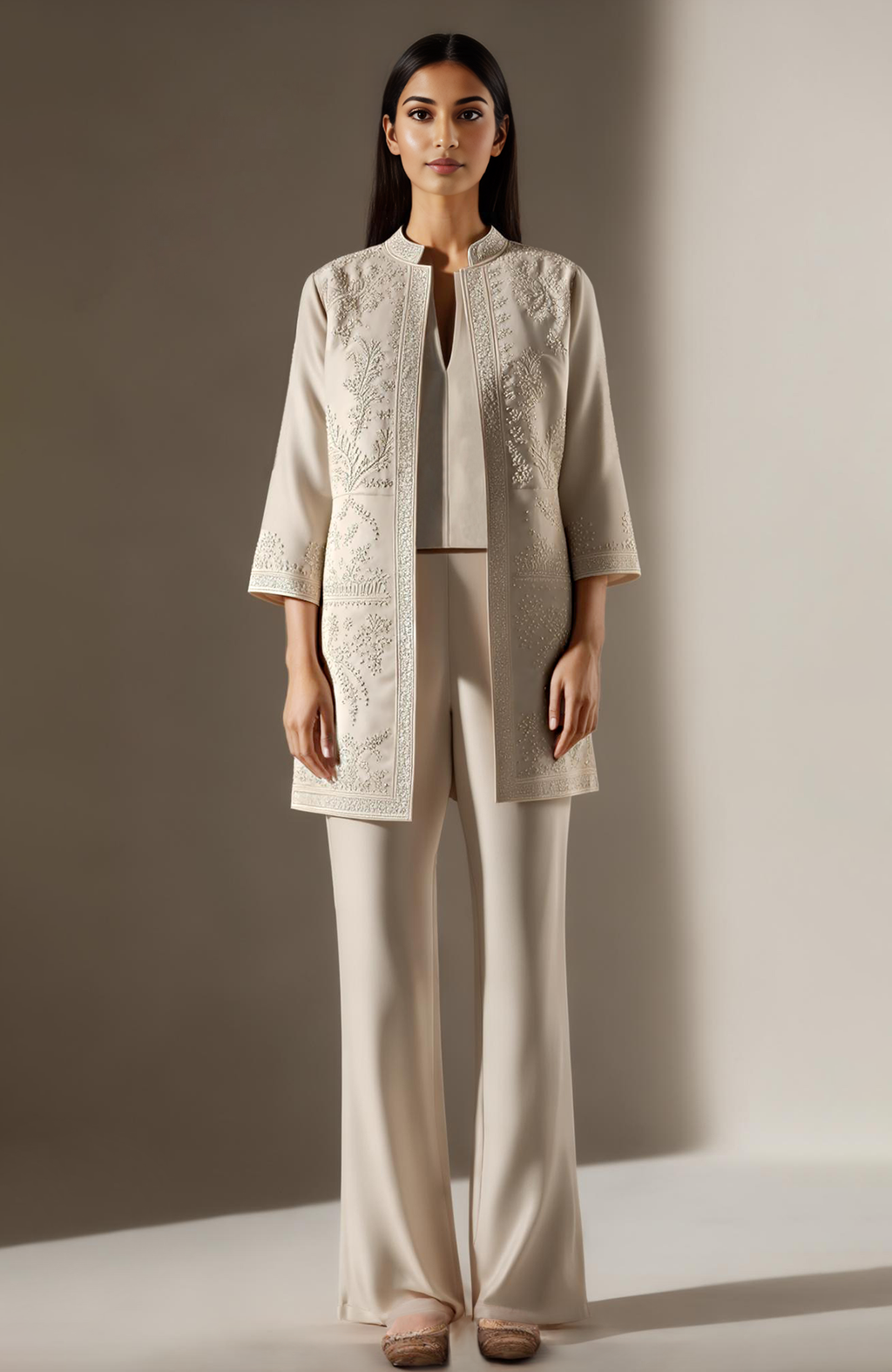 Ivory long jacket set with chikankari floral embroidery, three-quarter sleeves, and matching trousers.