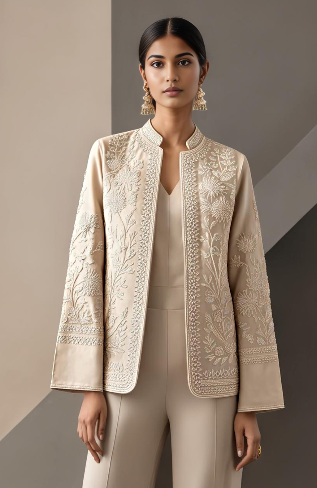 Ecru long jacket set with intricate tone-on-tone floral embroidery and matching blouse and pants.
