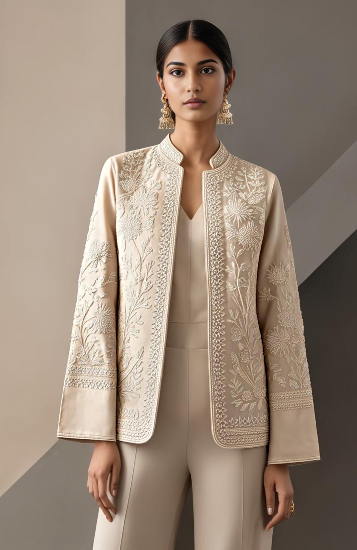 Ecru long jacket set with intricate tone-on-tone floral embroidery and matching blouse and pants.