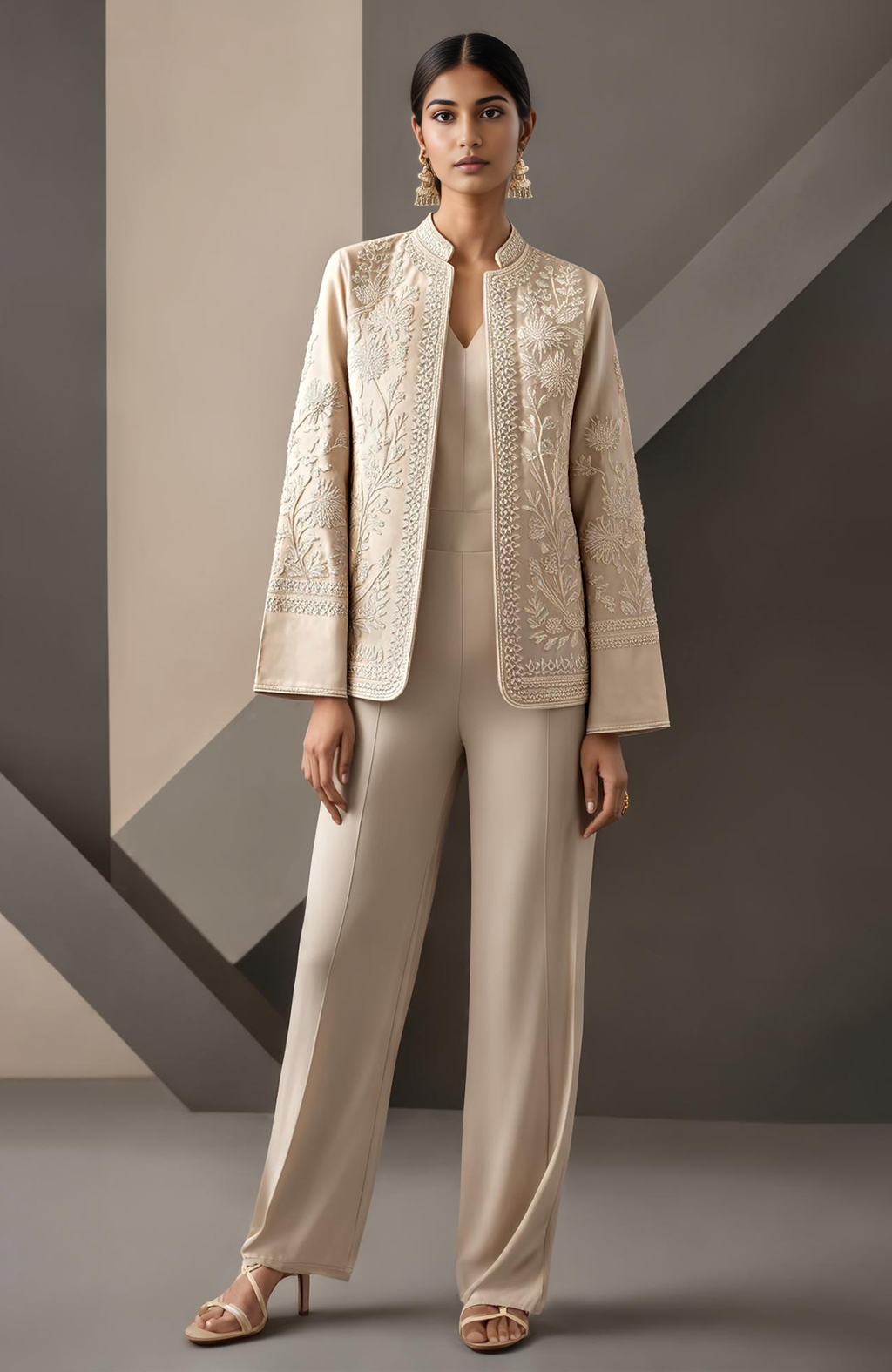 Ecru long jacket set with intricate tone-on-tone floral embroidery and matching blouse and pants.