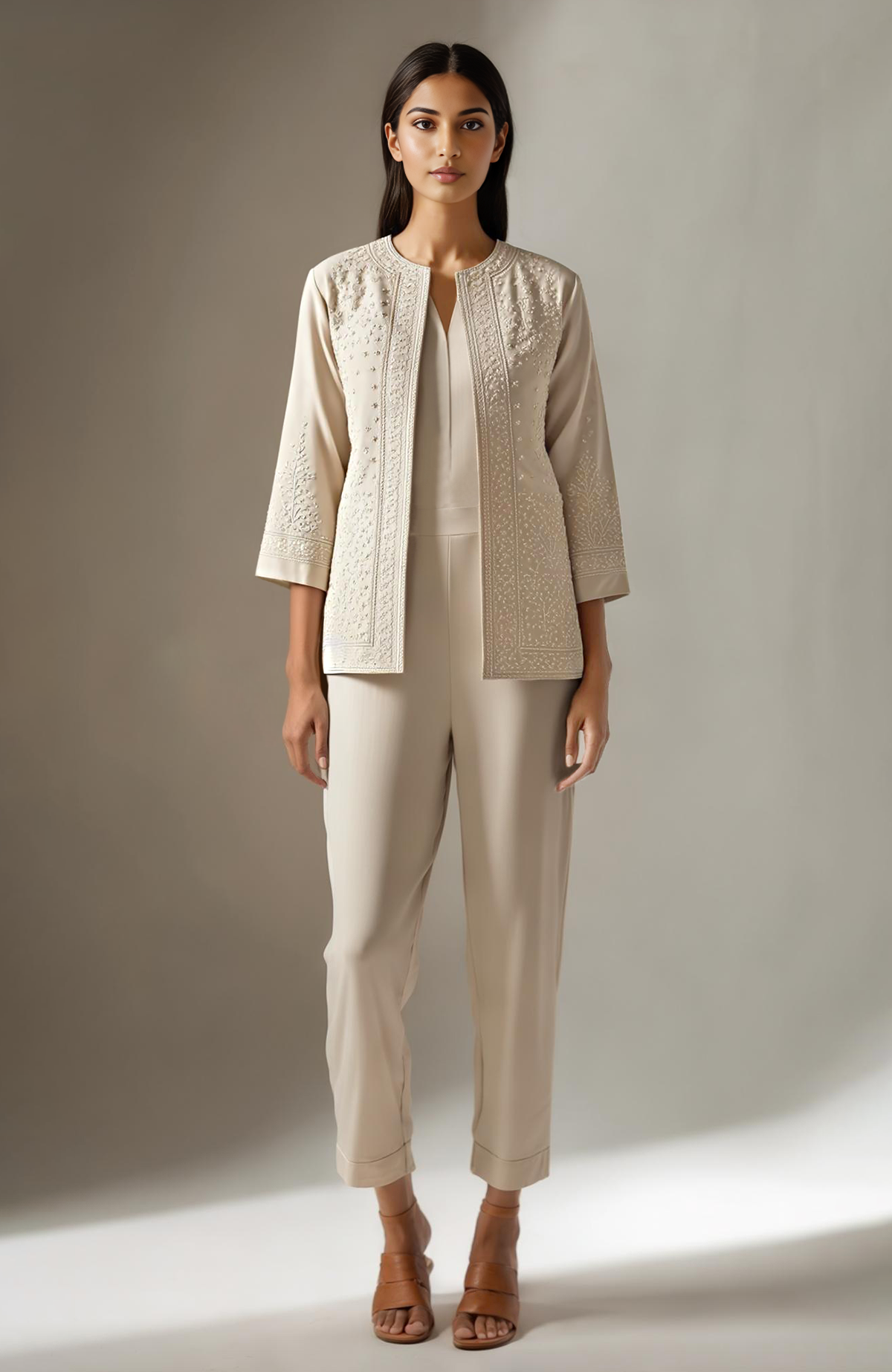 Champagne ivory jacket set with tone-on-tone floral embroidery and tapered pants.