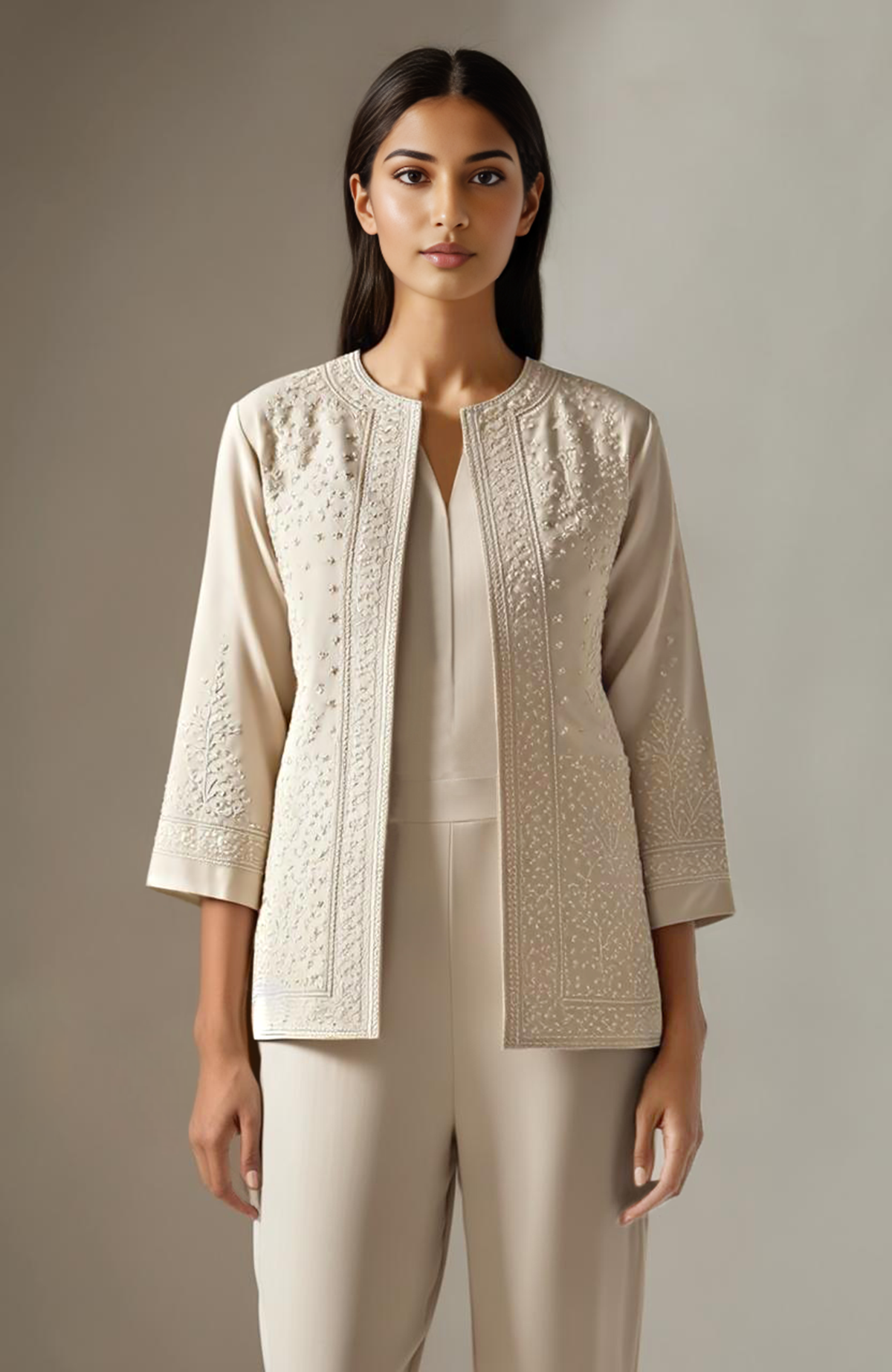 Champagne ivory jacket set with tone-on-tone floral embroidery, sleeveless blouse, and tapered pants
