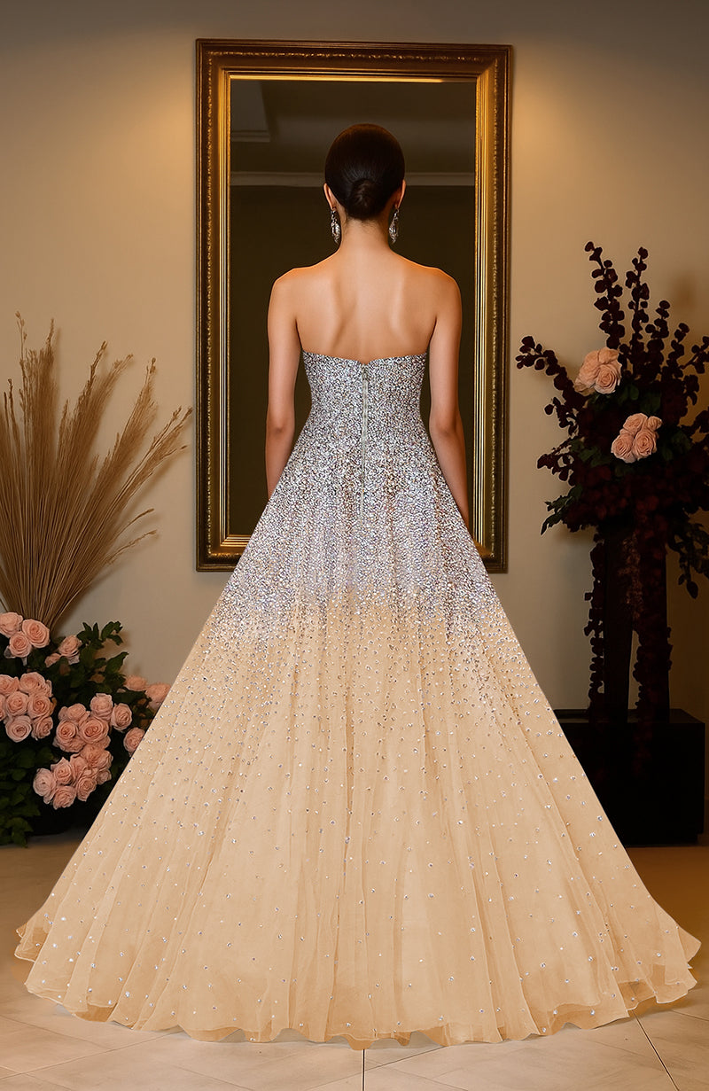 NAIRA- Champagne Gold Crystal & Pearl Beads Hand Embroidered Princess Gown