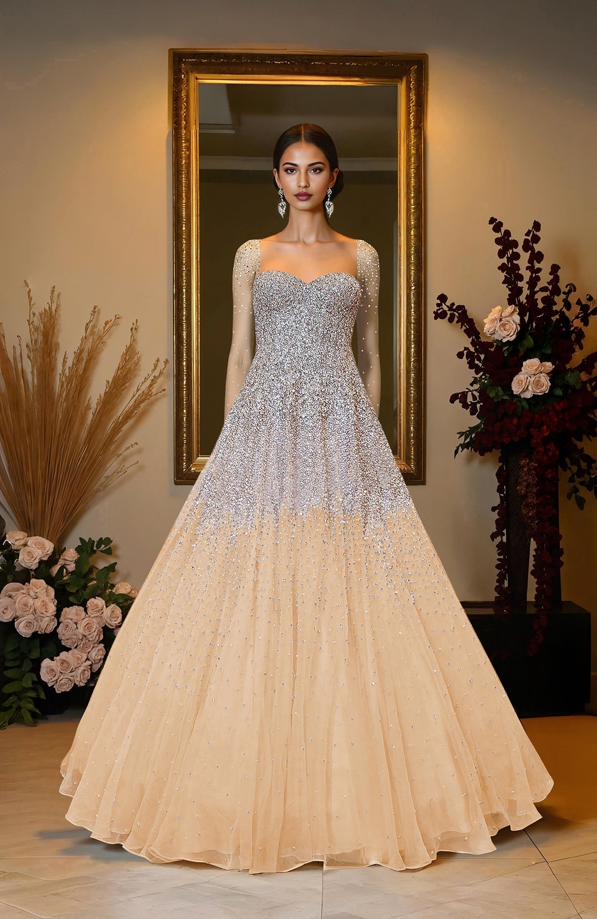Ivory princess gown with hand-embroidered crystal and pearl beads on corset bodice and skirt