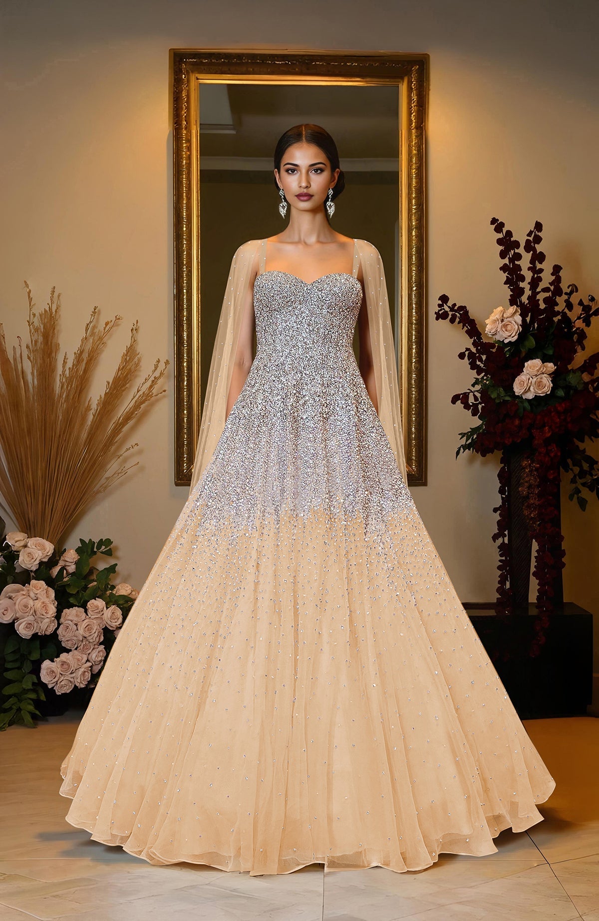 Ivory princess gown with hand-embroidered crystal and pearl bead details on bodice and skirt