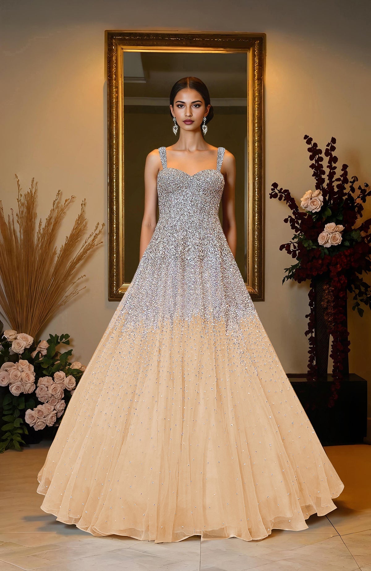 Ivory princess gown with hand-embroidered crystal and pearl beads on corset bodice and skirt.