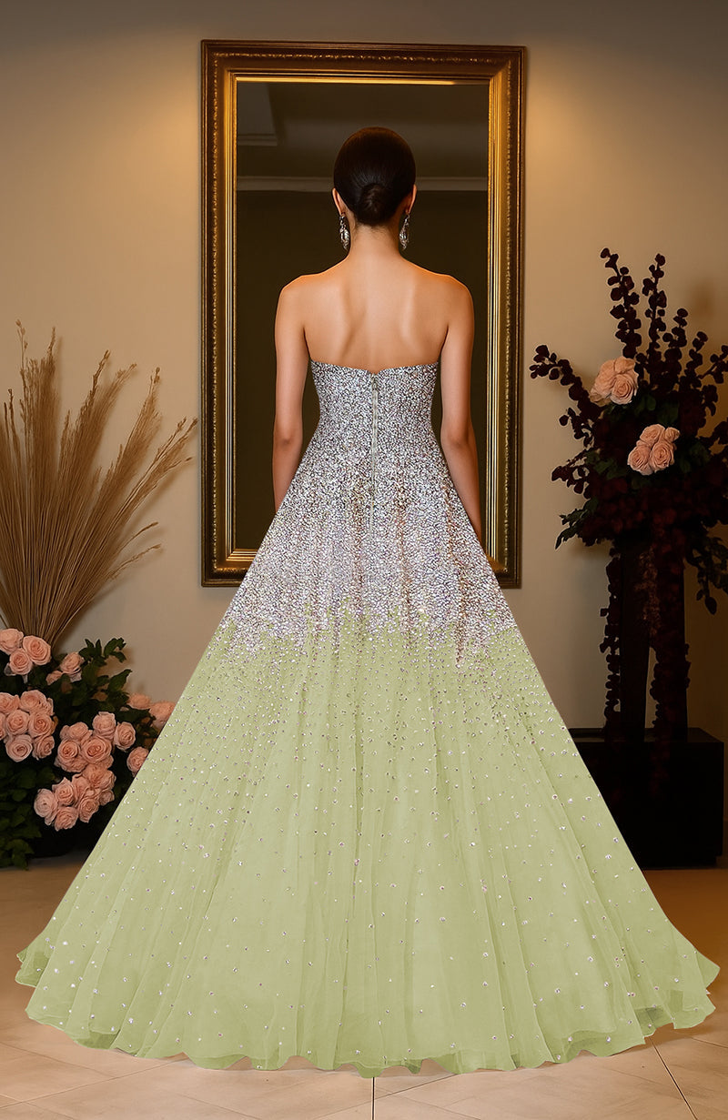 NAIRA- Mint Green Crystal & Pearl Beads Hand Embroidered Princess Gown