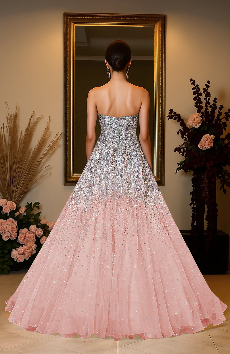 NAIRA- Pink Crystal & Pearl Beads Hand Embroidered Princess Gown