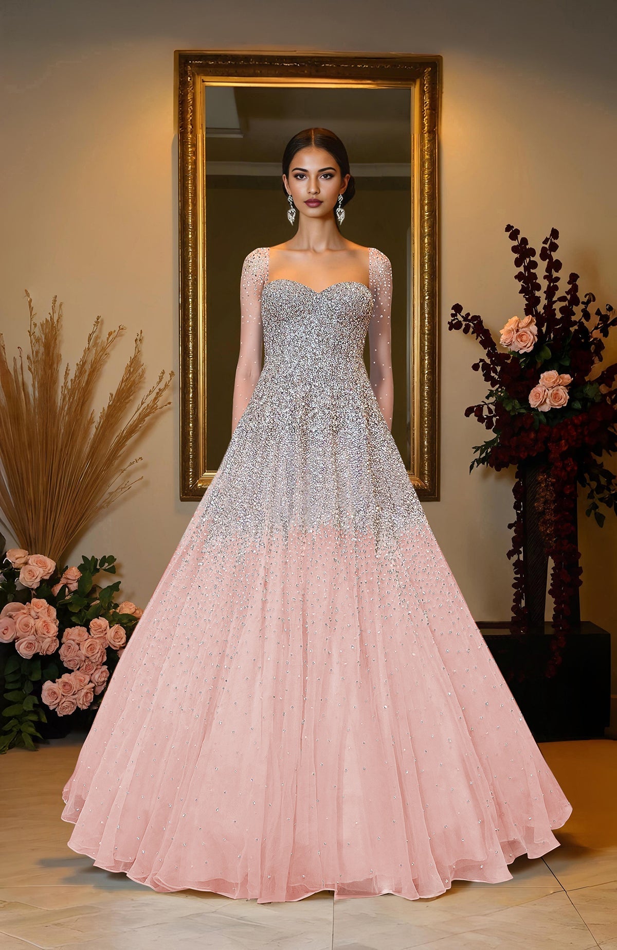 Ivory princess gown with hand-embroidered crystal and pearl beads on corset bodice and skirt.