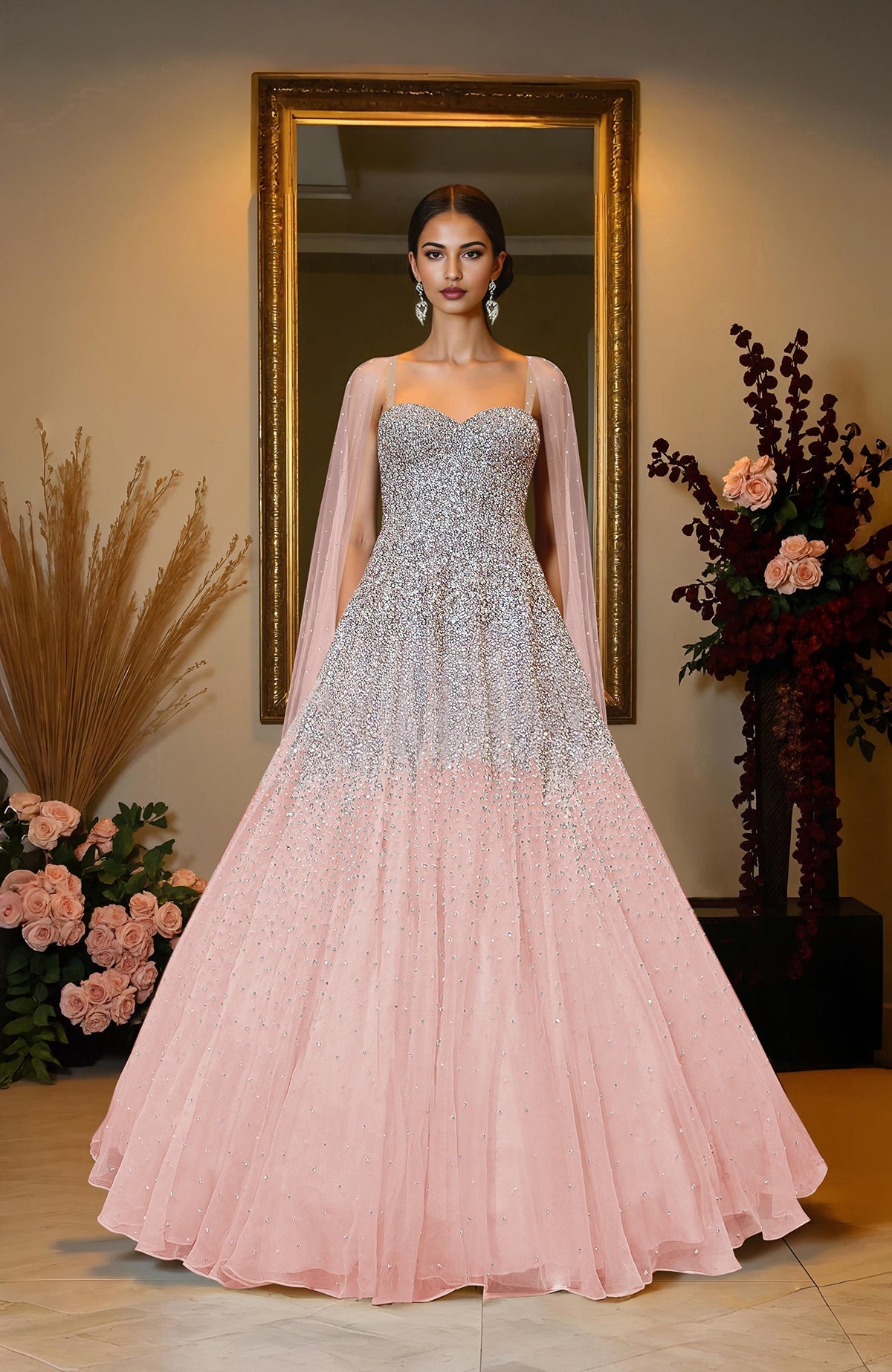 Ivory princess gown with hand-embroidered crystal and pearl beads on corset bodice and skirt.