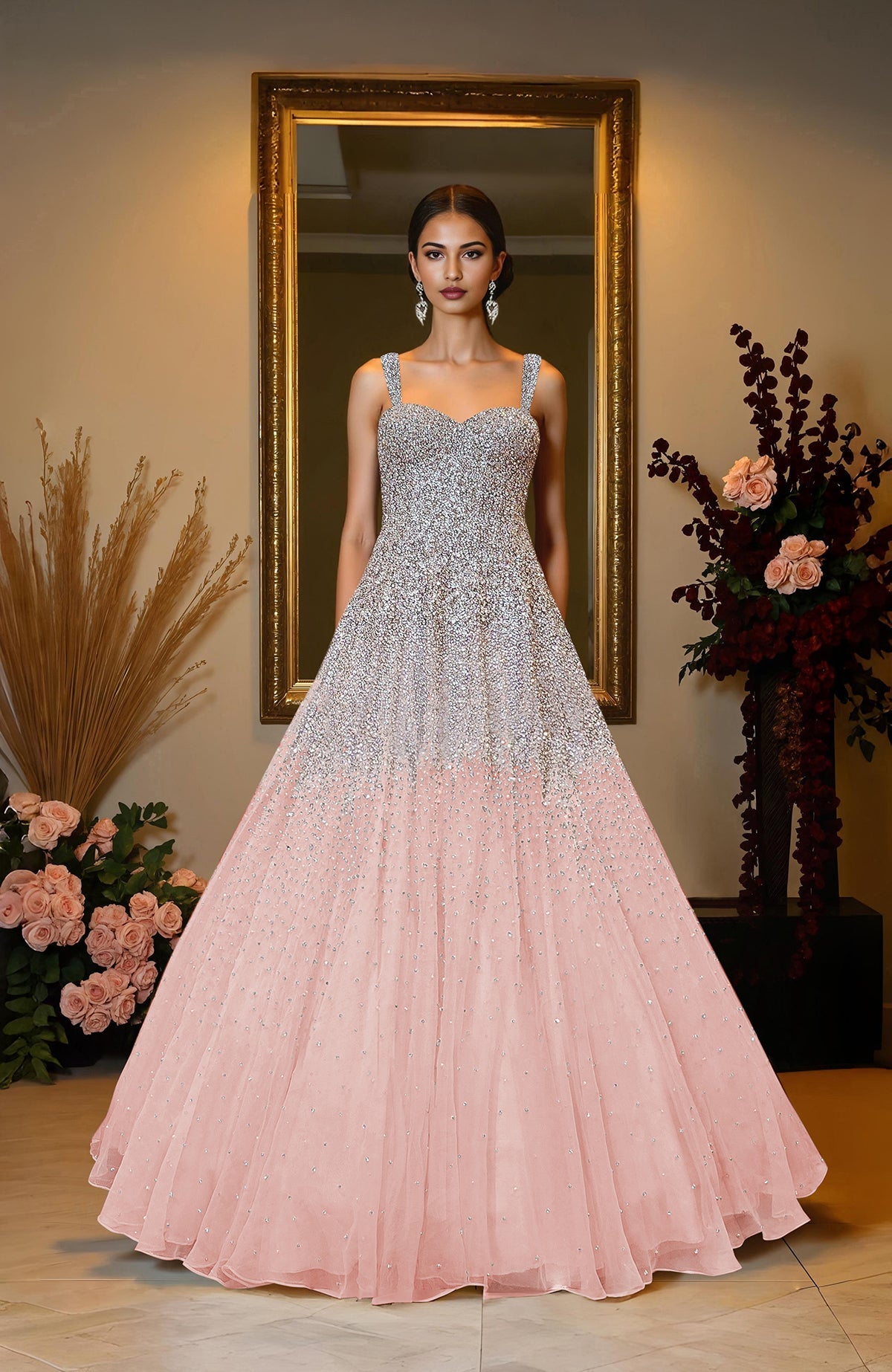 Ivory princess gown with crystal and pearl bead embroidery on corset bodice and skirt