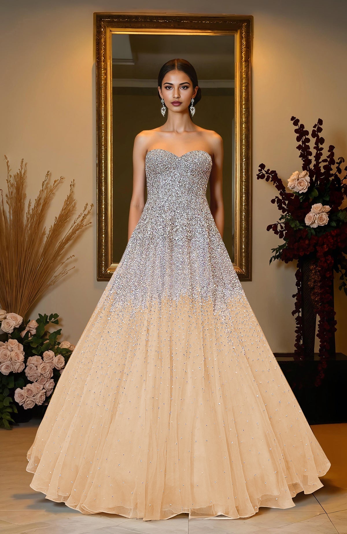 Pink organza princess gown with hand-embroidered crystal and pearl bead details on bodice and skirt.