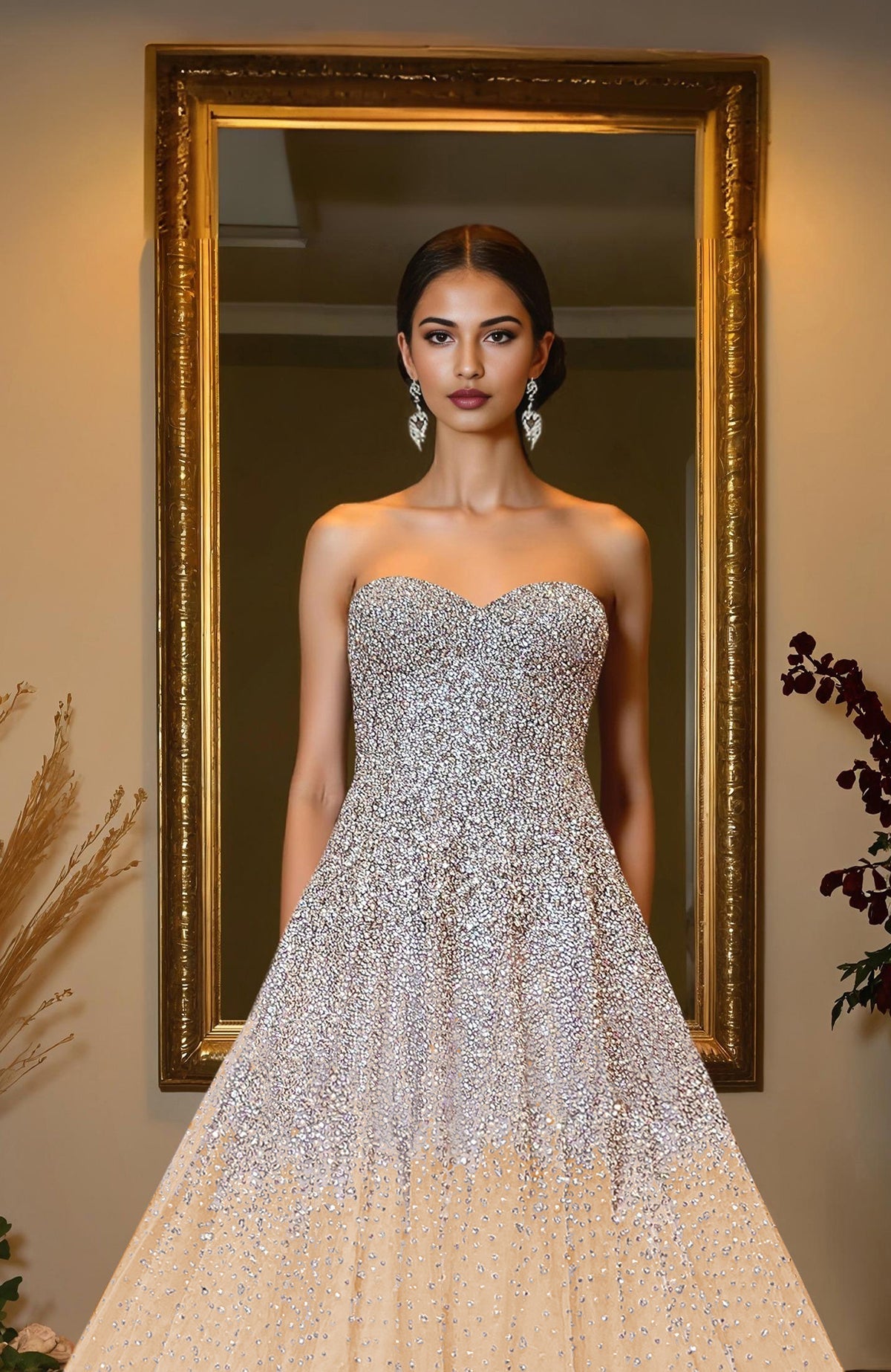 Champagne gold princess gown with hand-embroidered crystal and pearl bead bodice and skirt details.