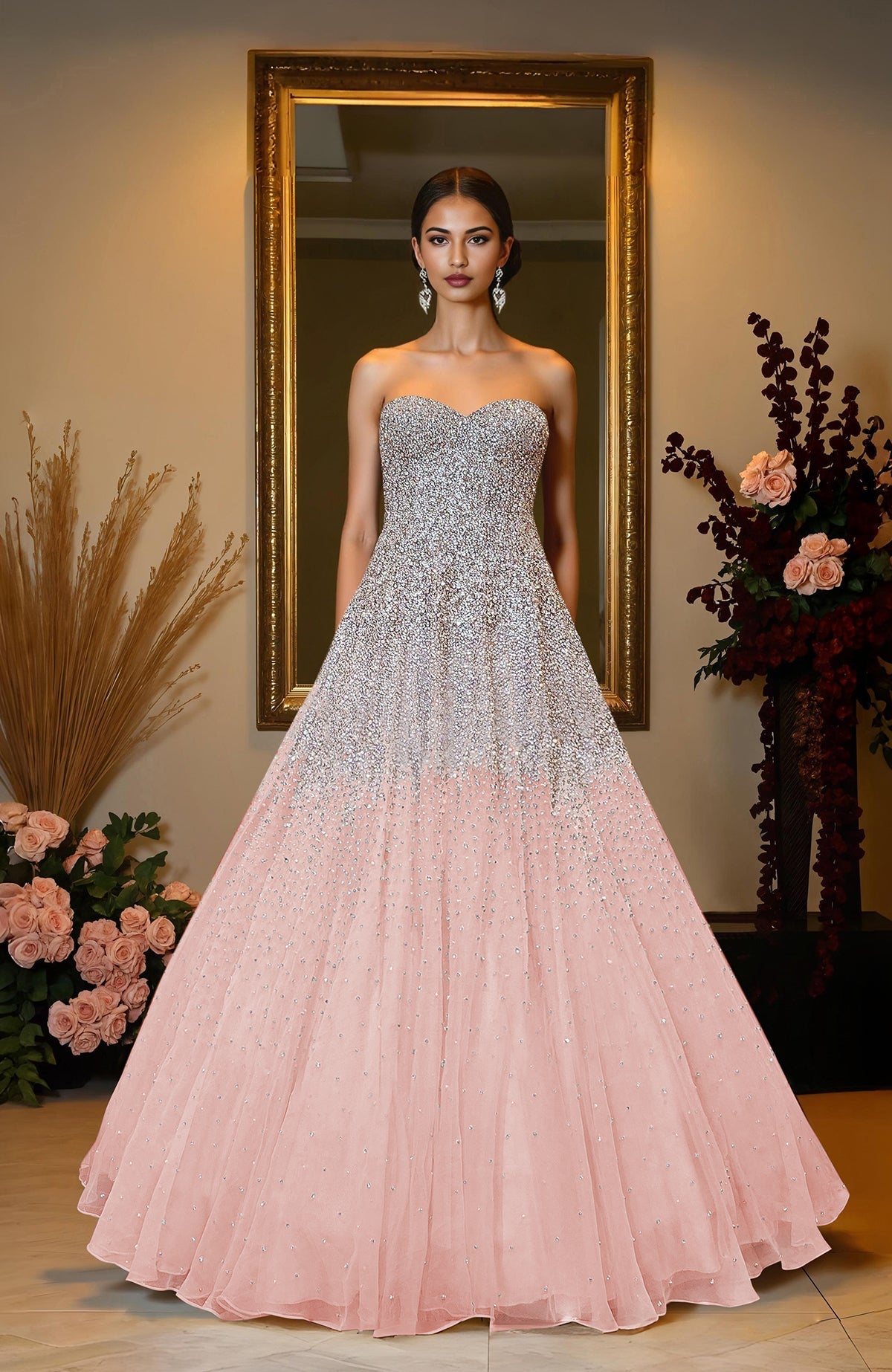 Champagne gold princess gown with hand-embroidered crystal and pearl bead bodice and skirt details