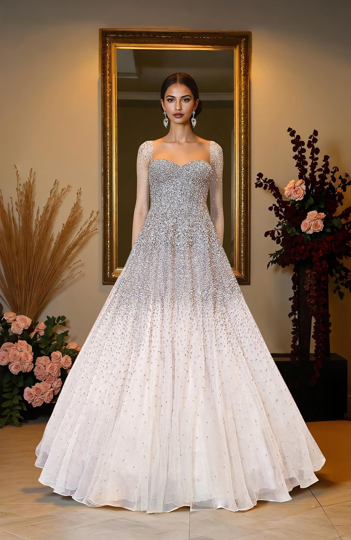 Ivory princess gown with crystal and pearl bead embroidery on corset bodice and skirt