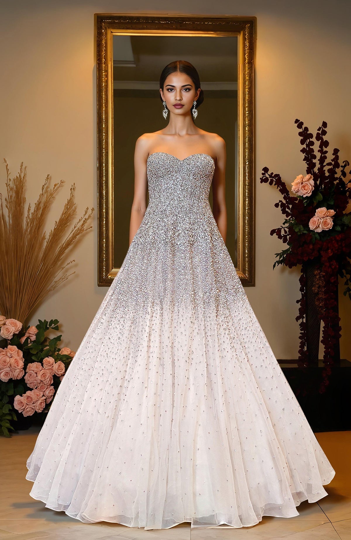 Ivory princess gown with hand-embroidered crystal and pearl beads on corset bodice and skirt.