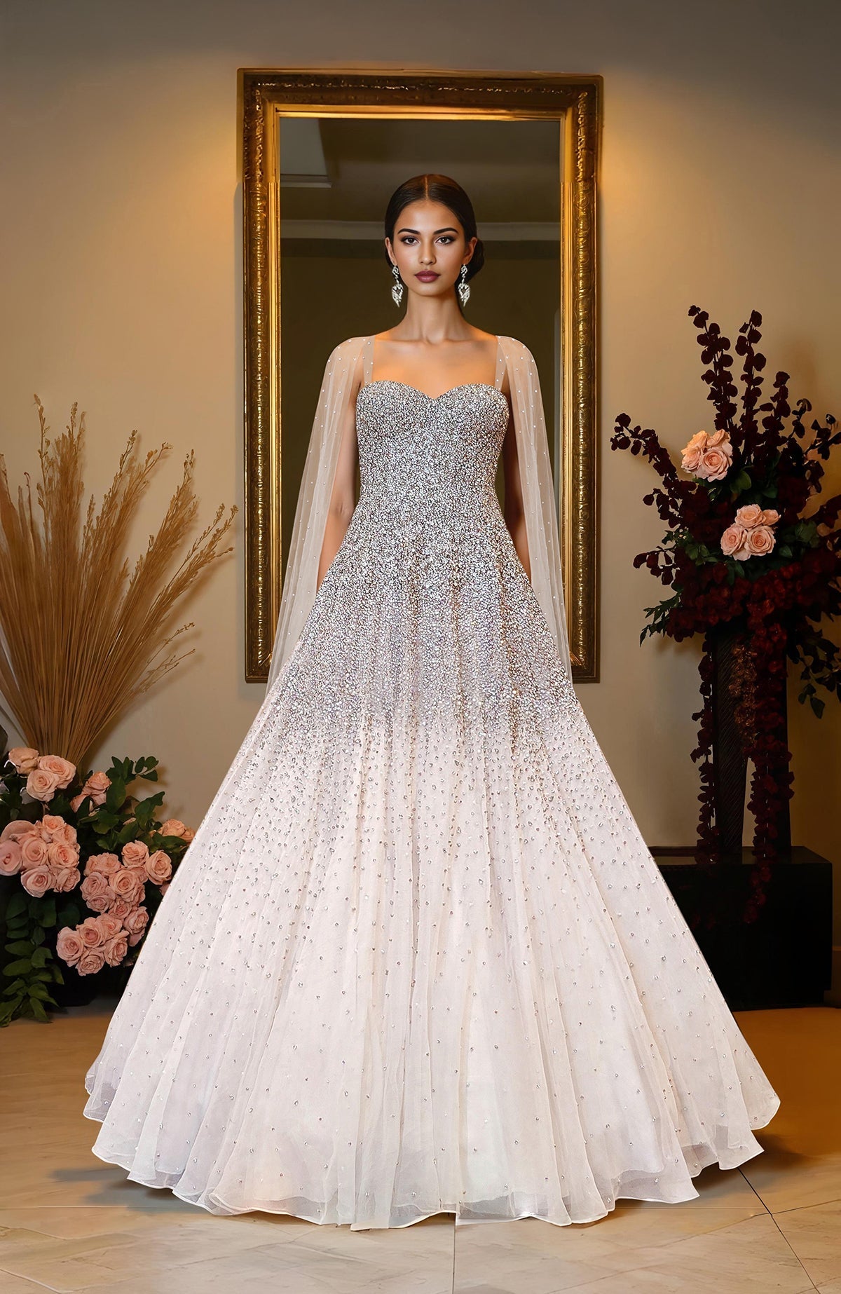 Ivory princess gown with hand-embroidered crystal and pearl beads on corset bodice and skirt