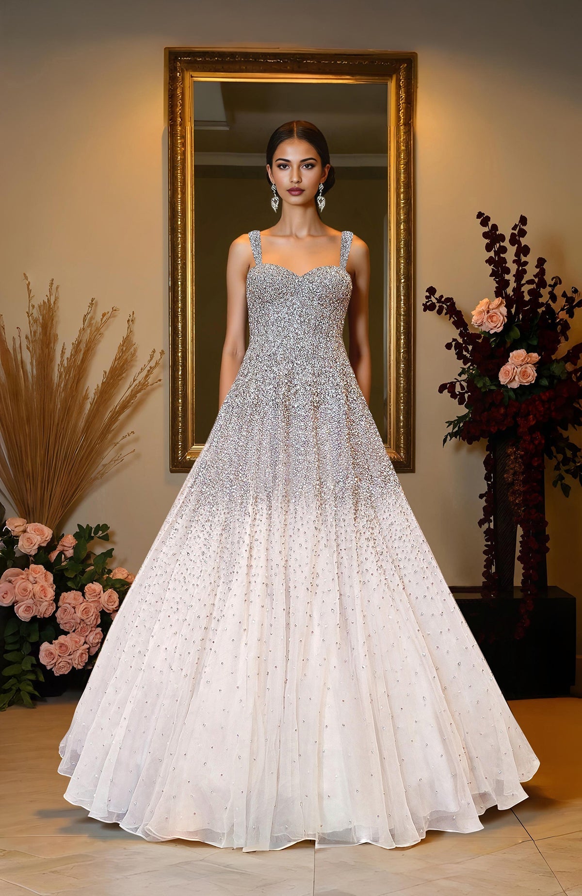 Ivory princess gown with hand-embroidered crystal and pearl beads on corset bodice and skirt.