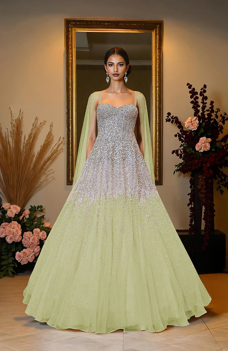 Ivory princess gown with hand-embroidered crystal and pearl beads on a sweetheart bodice
