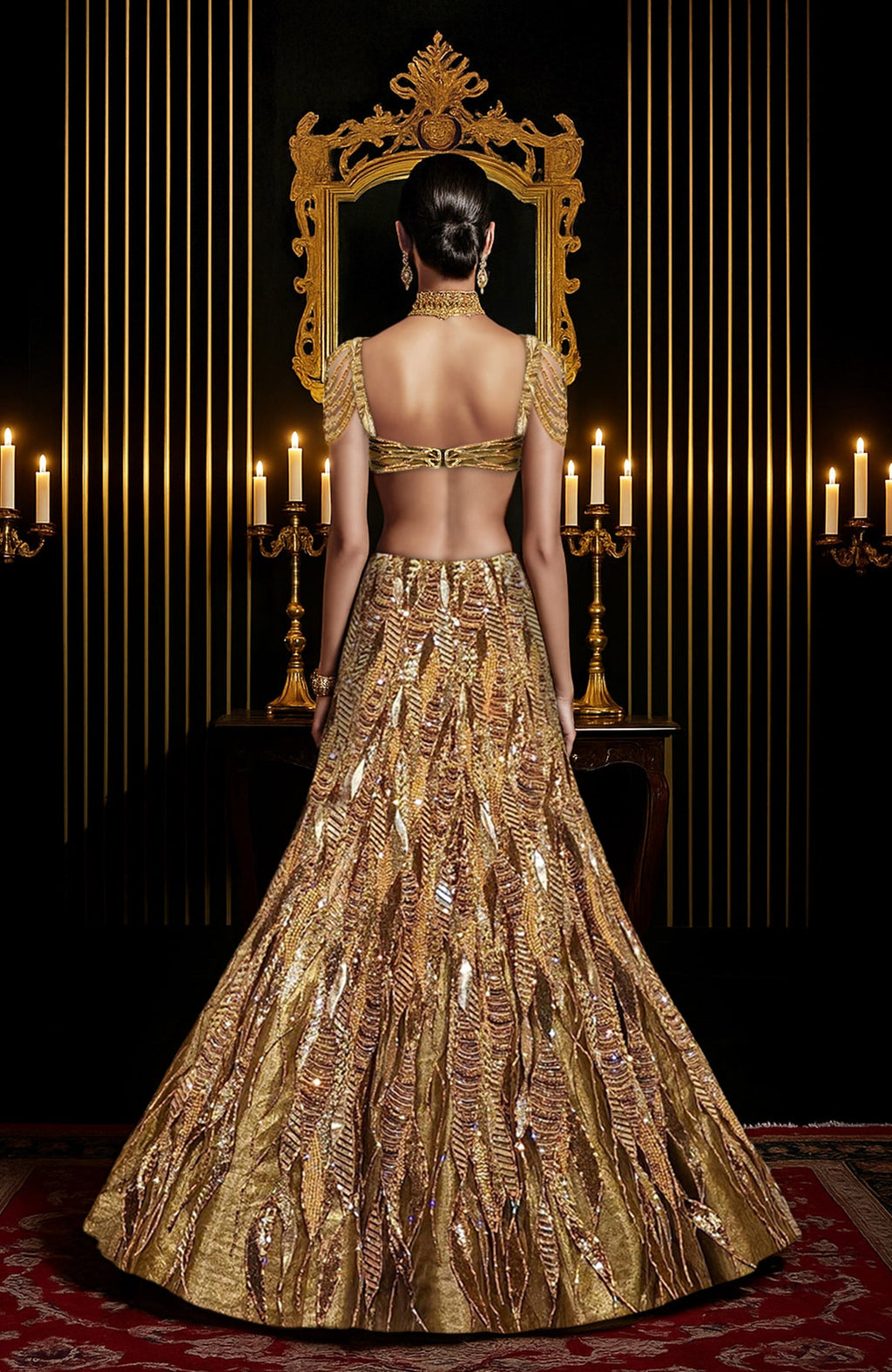 Gold hand-embroidered lehenga set with sculpted blouse and tulle cape with shimmer beading.