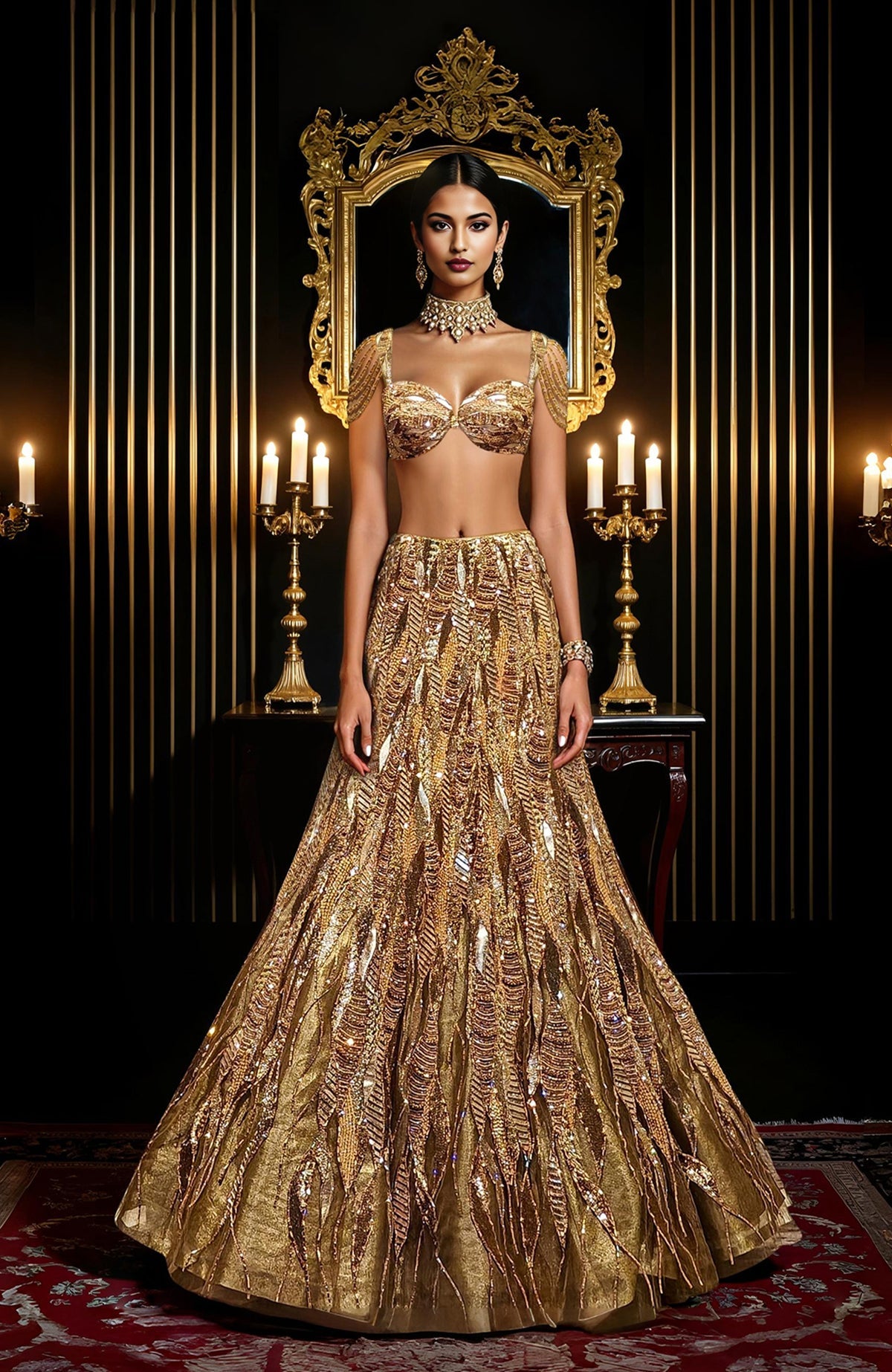 Gold hand-embroidered lehenga set with a structured bralette and flowing cape.