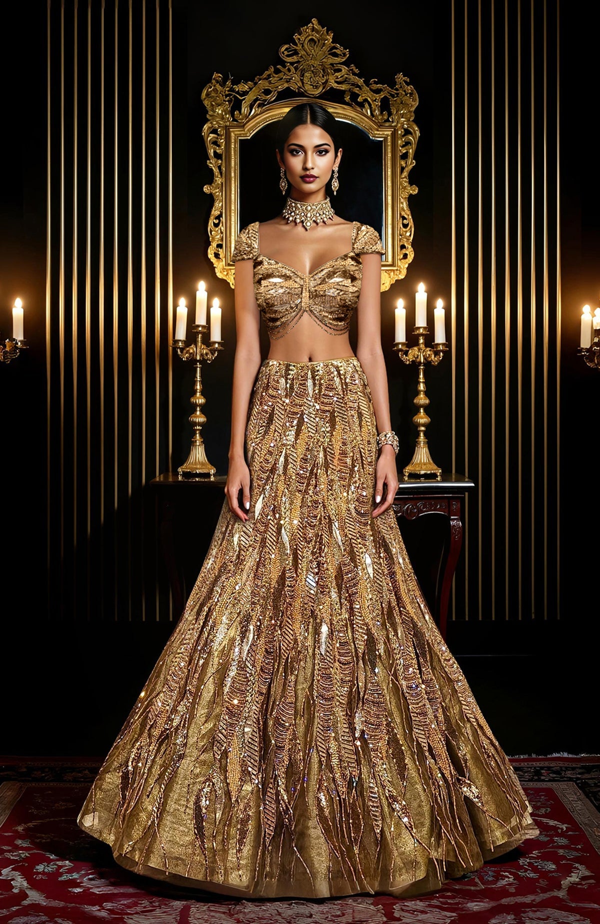 Gold hand embroidered lehenga set with structured bralette and flowing cape, featuring leaf motifs.