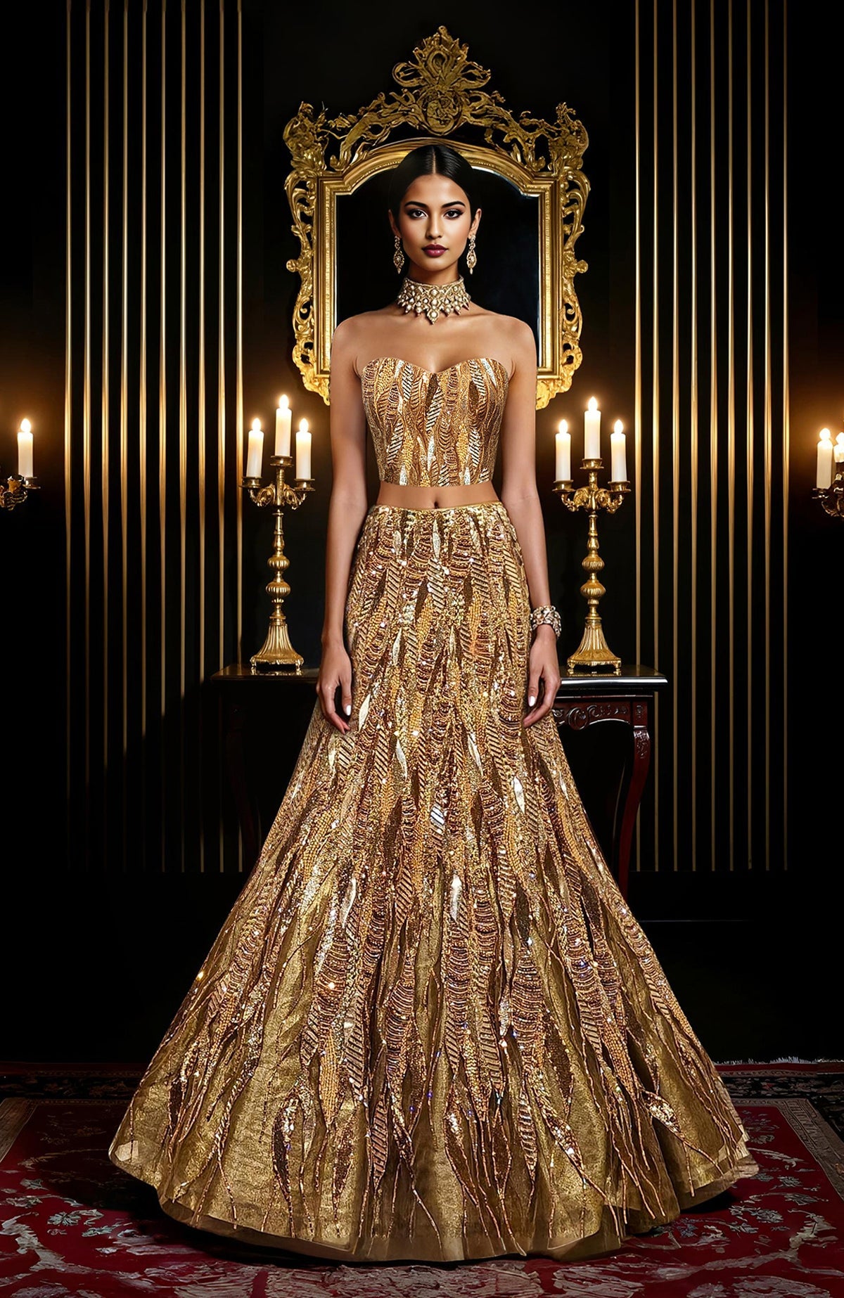 Gold hand embroidered lehenga set with a structured bralette and flowing cape.
